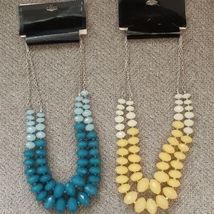 Bundle of 2 Large Beaded Necklaces, Pale Yellow & Teal Blue